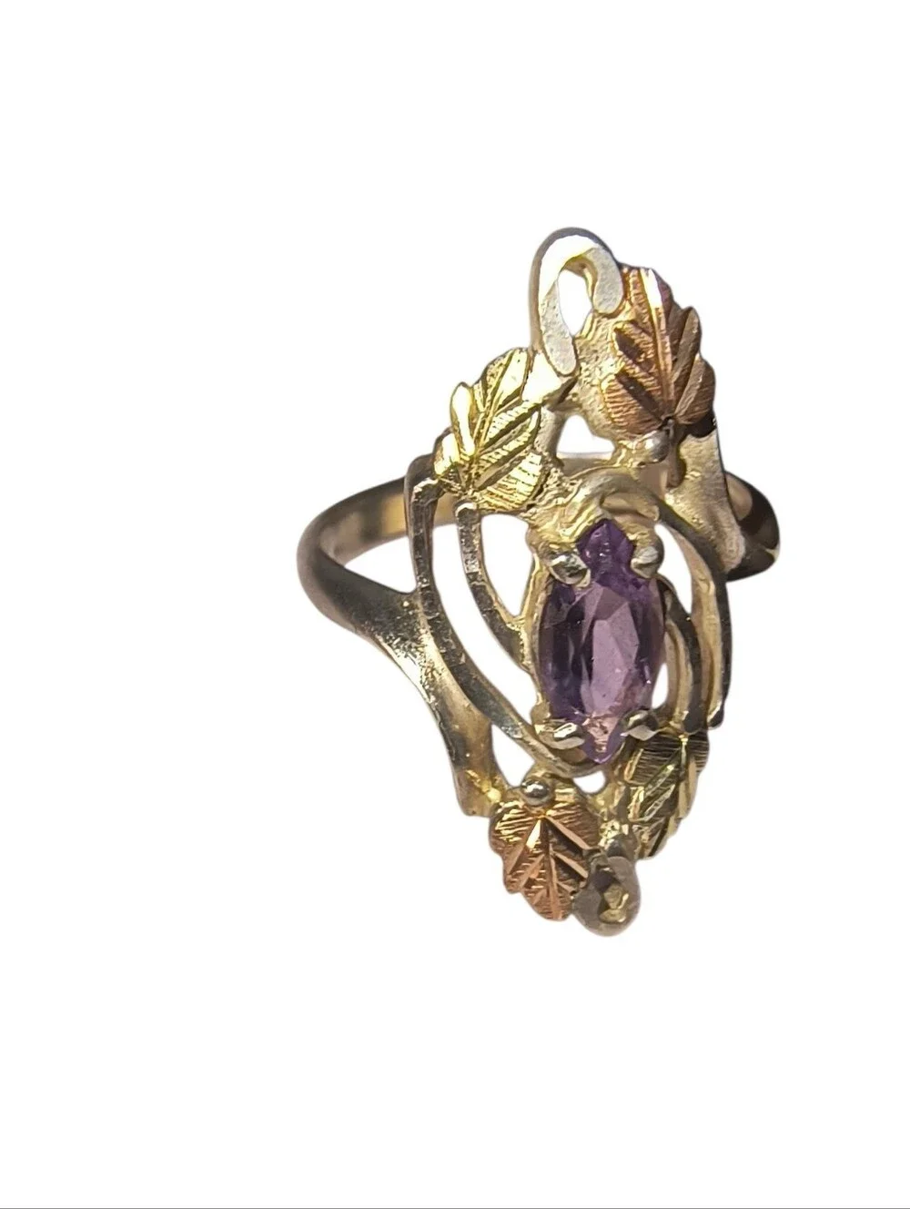 Vintage Coleman Co. Sterling And Amethyst Black Hills Gold Leaf Ring